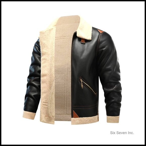 Men's Faux Leather Bomber Jacket with Faux Fleece Lining
